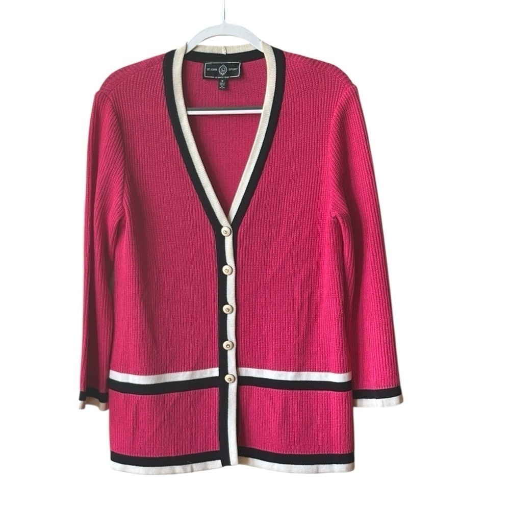 St John Sport by Marie Gray Pink Wool Button Front Cardigan Sweater size Medium